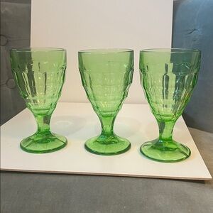 Hazel Atlas Green Uranium Colonial Block Glass Goblets From 1930’s Set of 3
